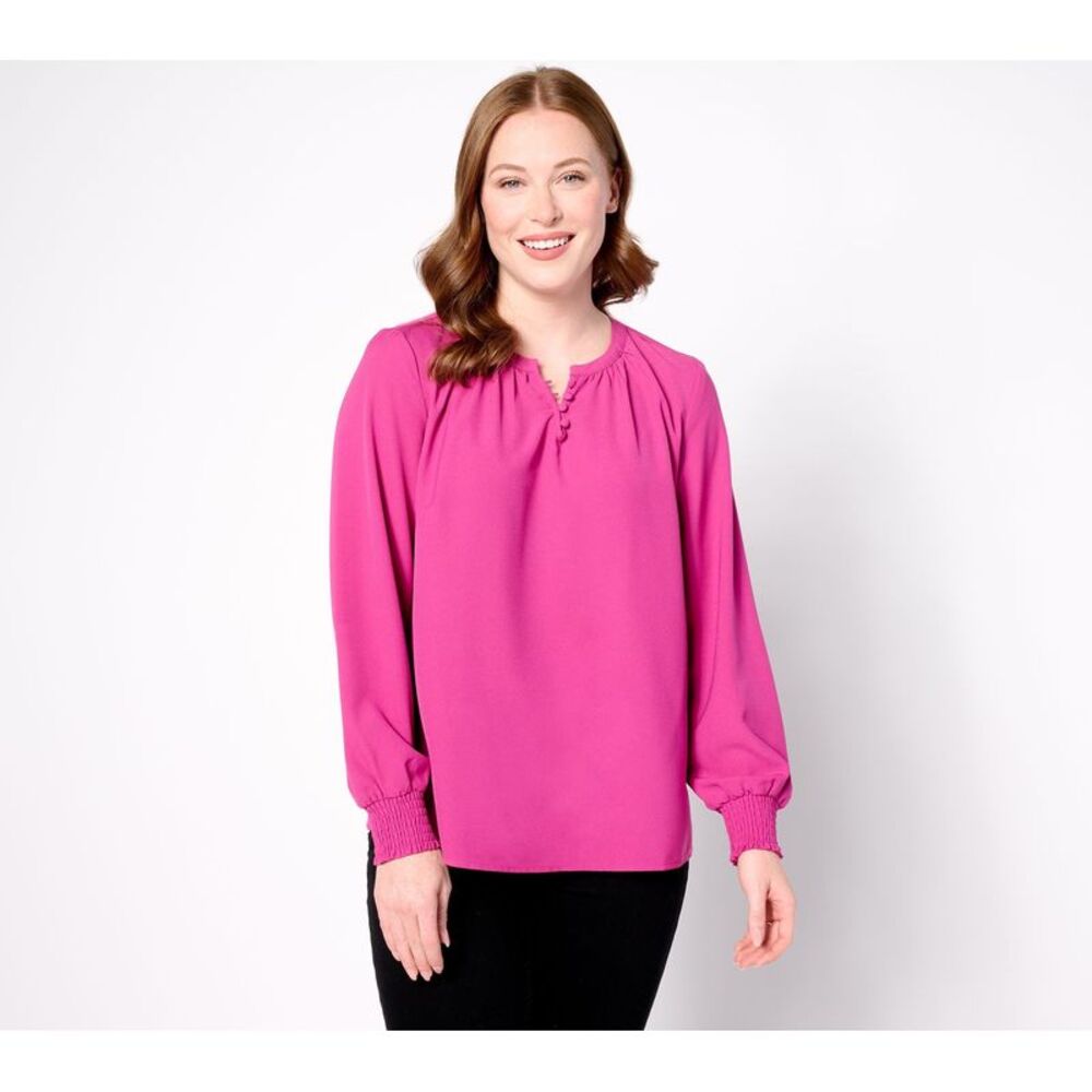 Revers-A-Brella Women's Top Sz M Denim & Co. Split V Blouse Smocked Pink A630303